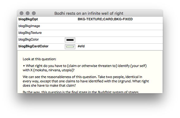 The children of the Buddhism category page will have a scrolling Buddha-head texture atop a white background, since there is no BKG-COLOR. The children of the Buddhism category page will have a scrolling Buddha-head texture atop a white background, since there is no BKG-COLOR.