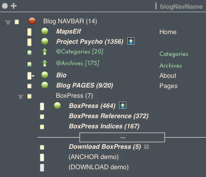 These are the aliases (and three original notes) that have made the navbar of this webpage (with a column showing their $bpNavName). When set, $bpNavName determines the name of the NavLink, otherwise, the name will be the value of $Name. These are the aliases (and three original notes) that have made the navbar of this webpage (with a column showing their $bpNavName). When set, $bpNavName determines the name of the NavLink, otherwise, the name will be the value of $Name.