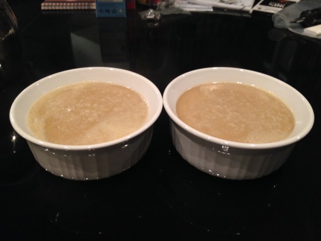 Blended broth poured into special bowls. Blended broth poured into special bowls.