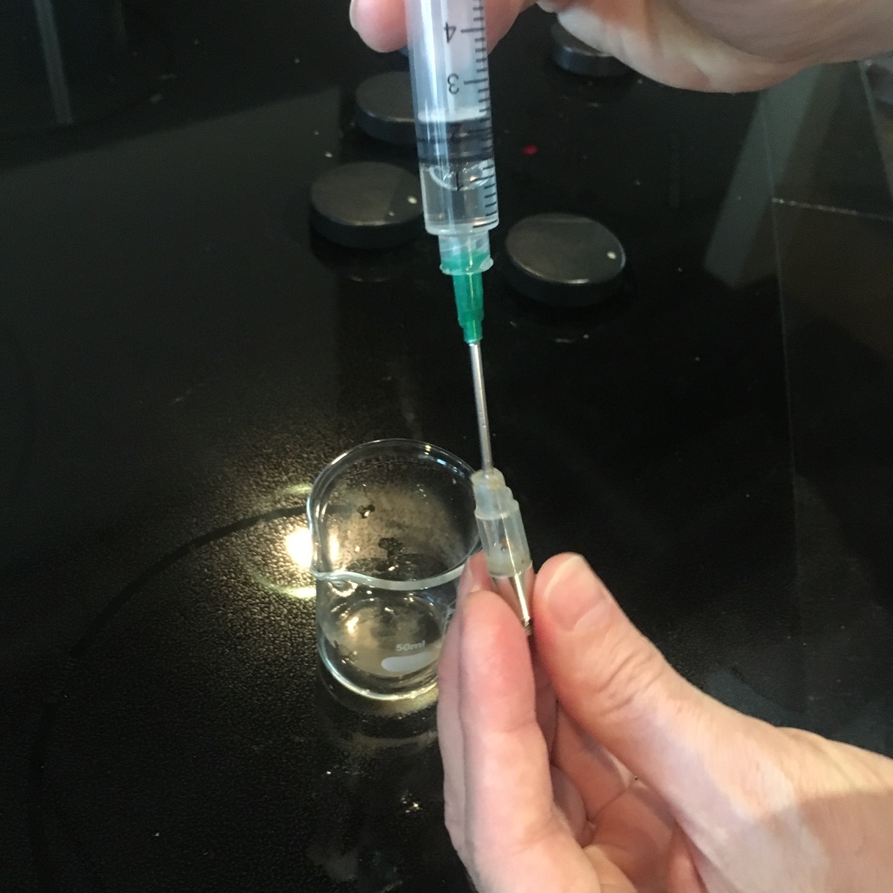 Now inject slowly into your e-pen cartridge. Mine is only 0.5 ml, so I’m done filling after the tiniest squeeze. Now inject slowly into your e-pen cartridge. Mine is only 0.5 ml, so I’m done filling after the tiniest squeeze.